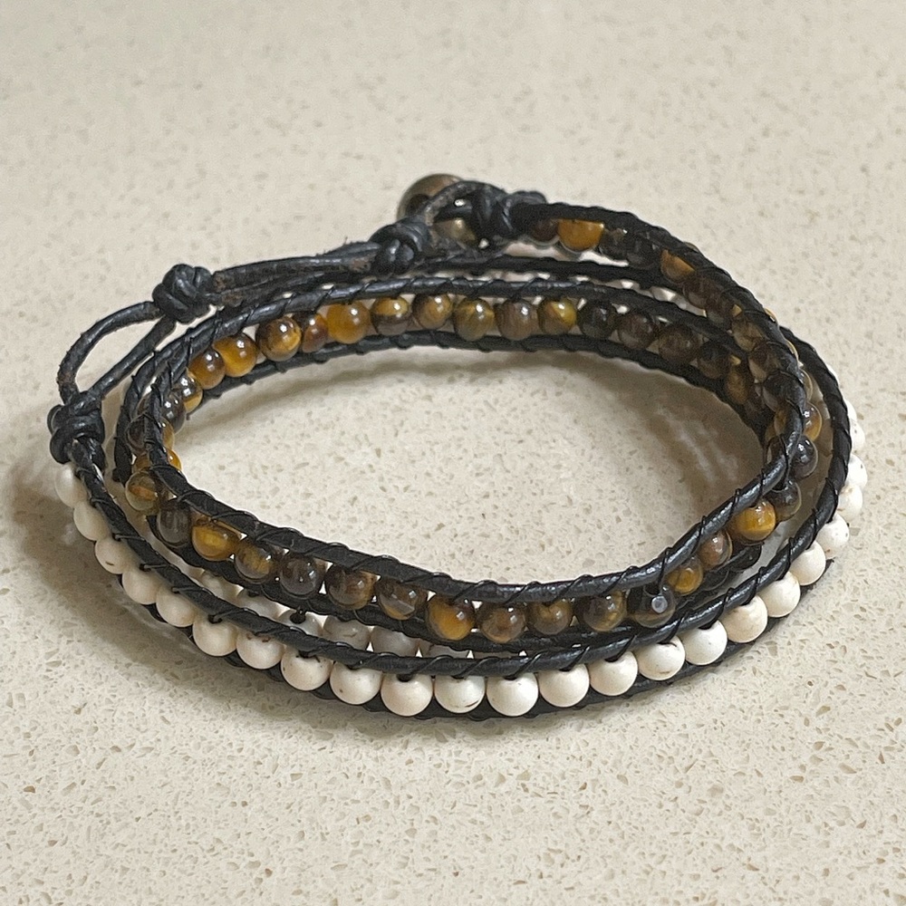 Tiger’s Eye and Howlite Stone Leather Wrap Bracelet
